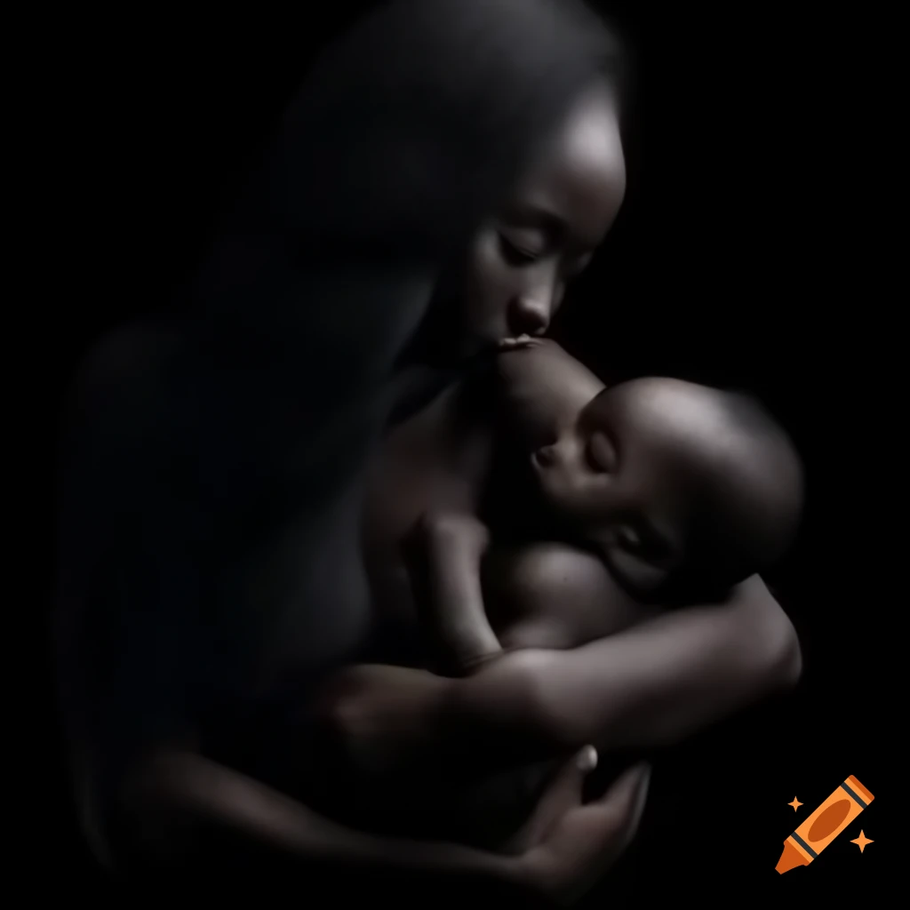 Silhouette of woman cradling baby with flowing hair against black background