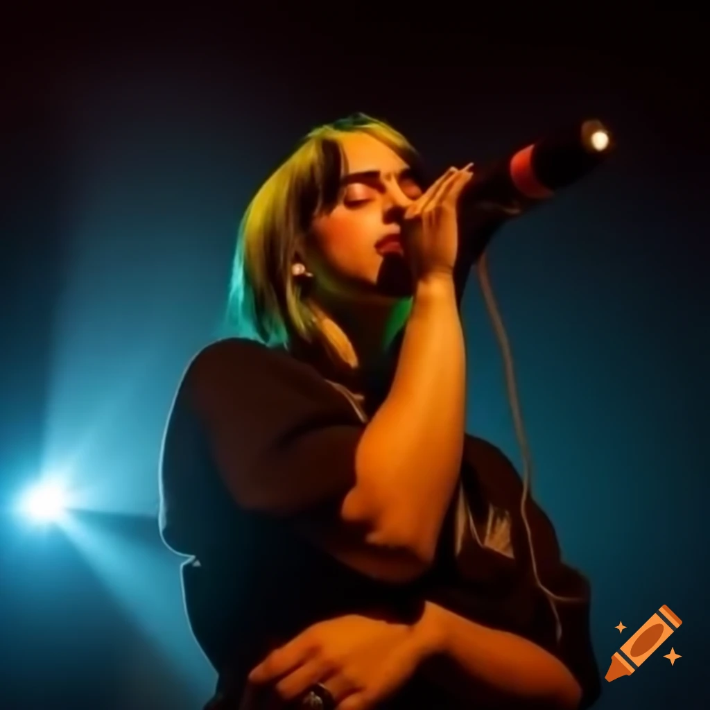 Billie Eilish performing passionately on stage with dramatic lighting