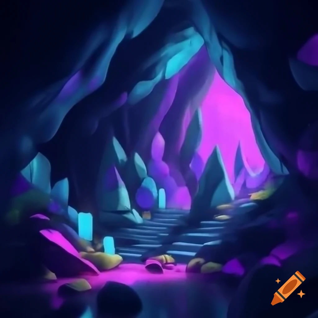 Cave illuminated by vibrant neon crystals