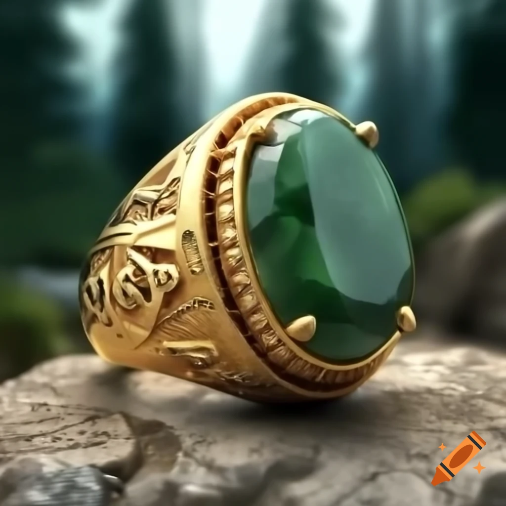 Macro shot of yellow gold ring with mountain motifs and green tourmaline
