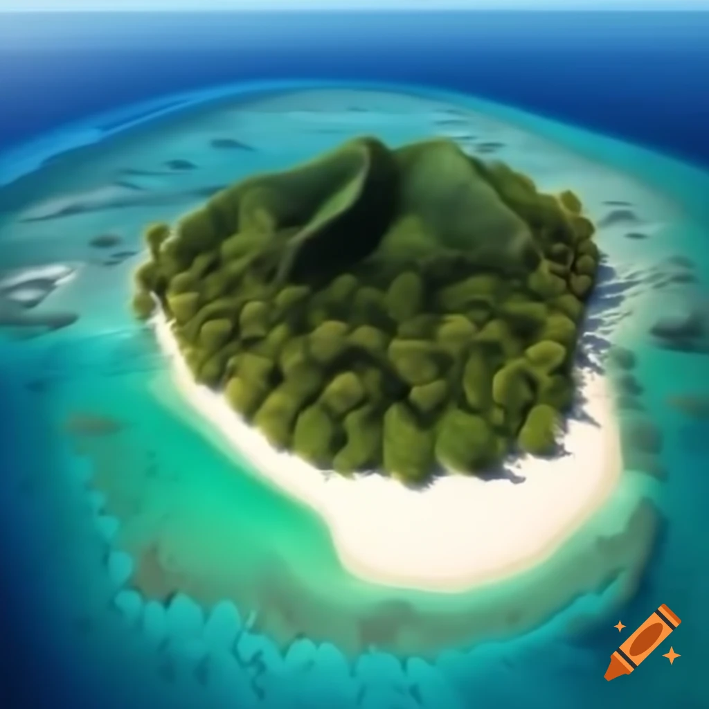 3D view of tropical island with golden sandy beaches