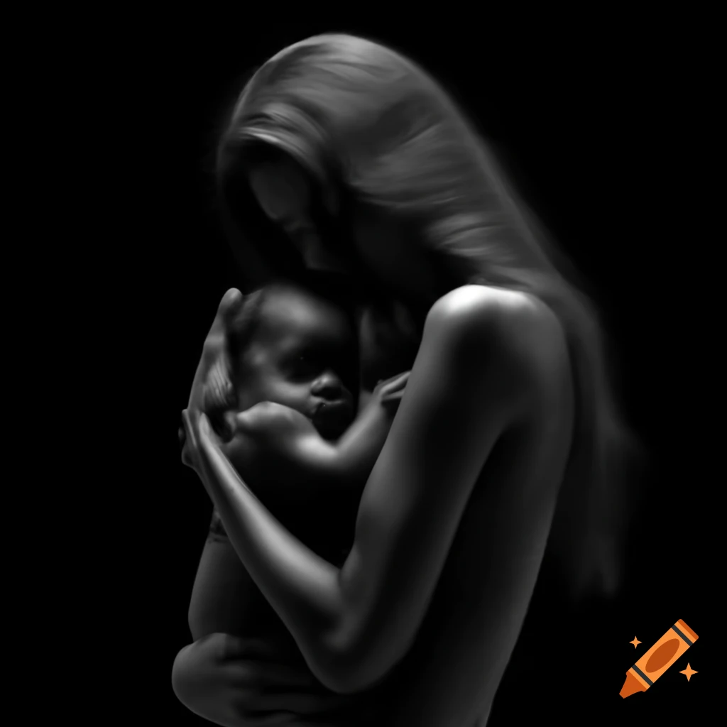 Silhouette of woman cradling baby with flowing hair against black background