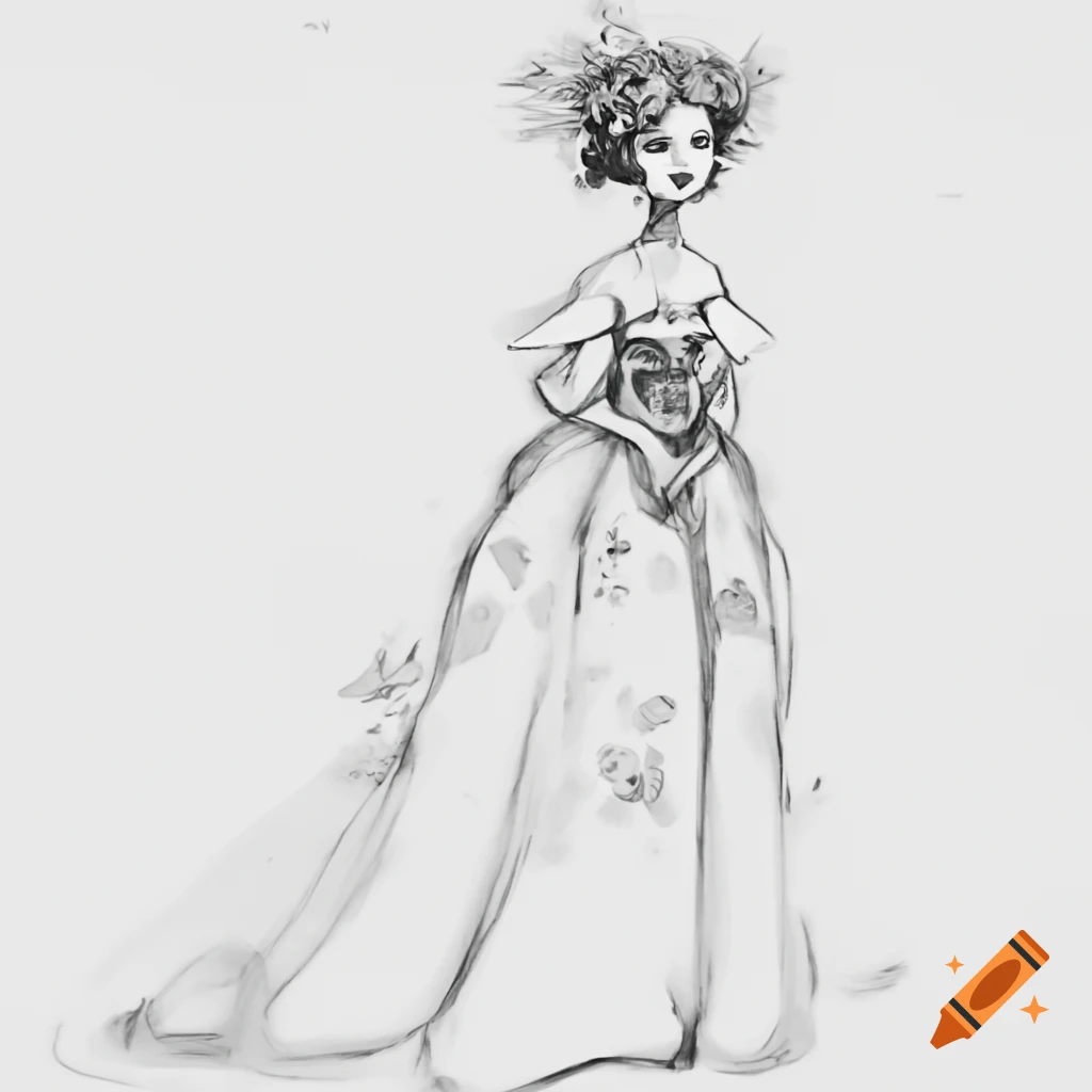 Sketch of gown featuring floral and butterfly intricate embroidery