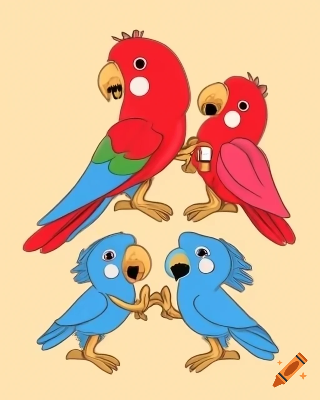 Hugging Parots Four red parrots hugging tightly, showcasing friendship and affection ...
