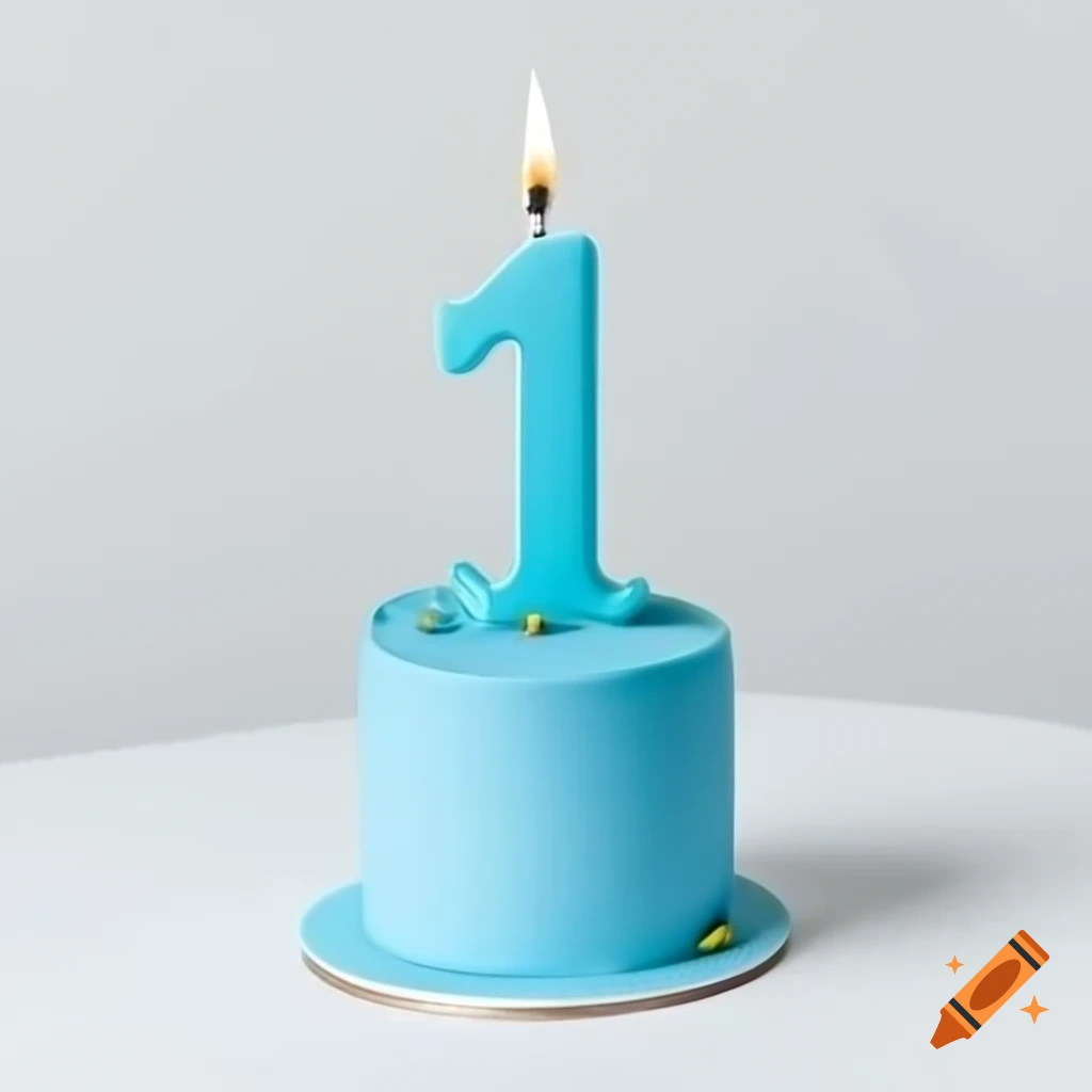 Blue birthday cake with candle "1" on white background