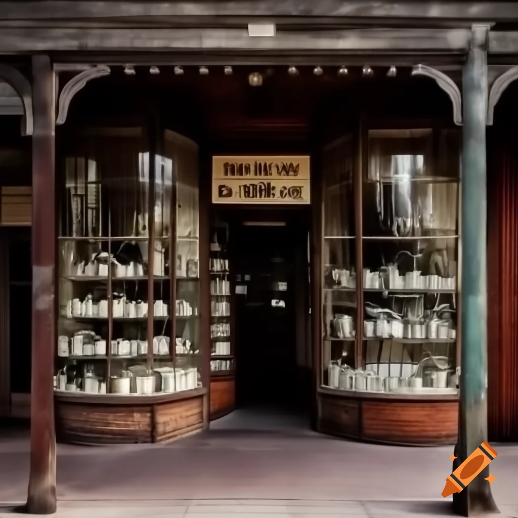 Old western apothecary storefront with antique wood and herb jars