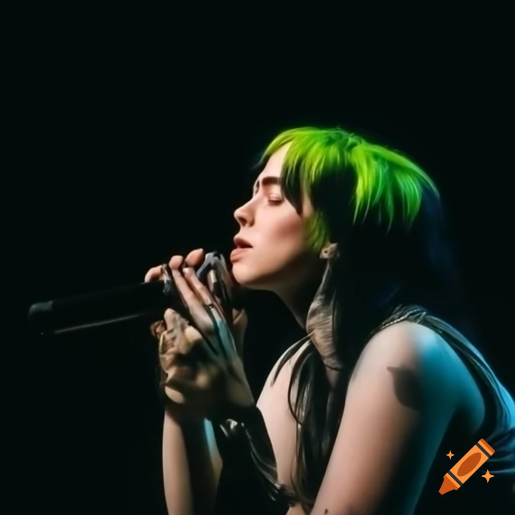 Billie Eilish performing passionately on stage with dramatic lighting