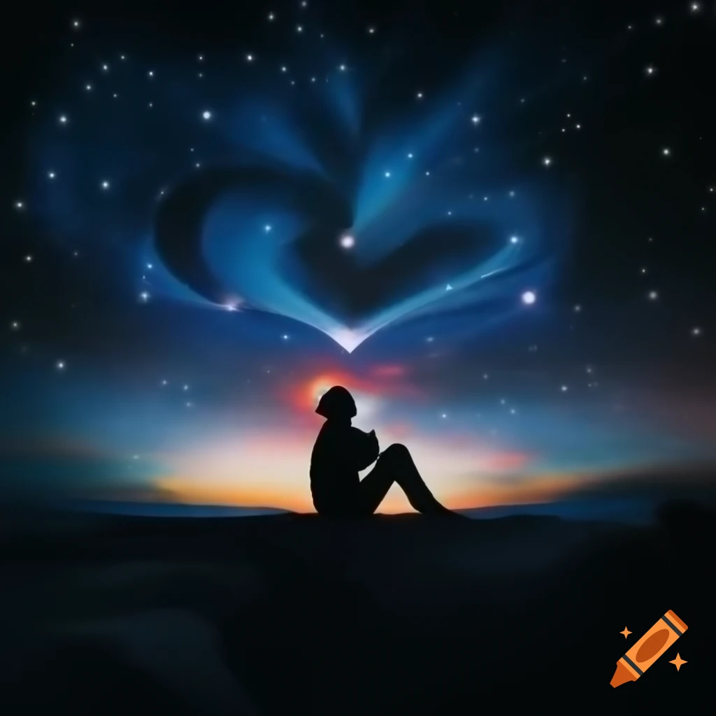 Silhouette gazing at starry sky with symbolic constellations