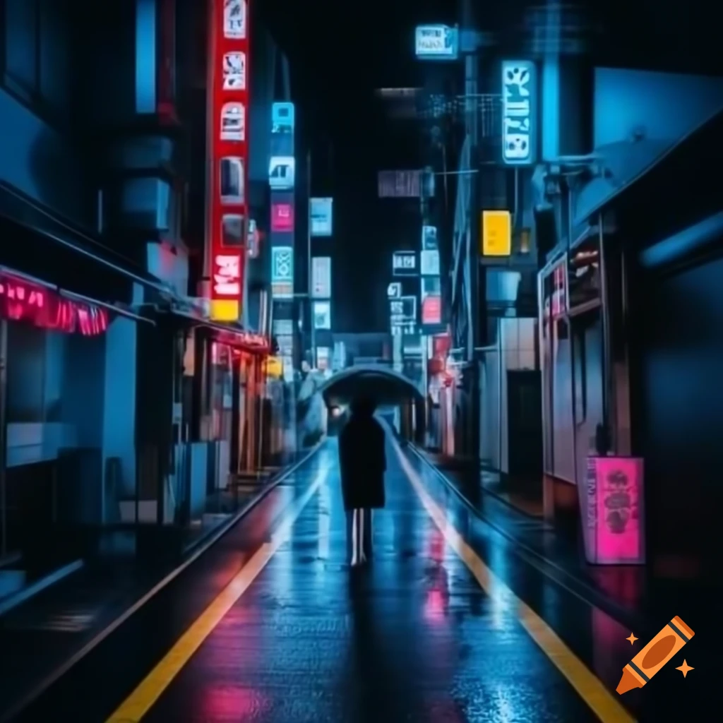 Rainy Tokyo street at night with neon lights reflecting on wet asphalt