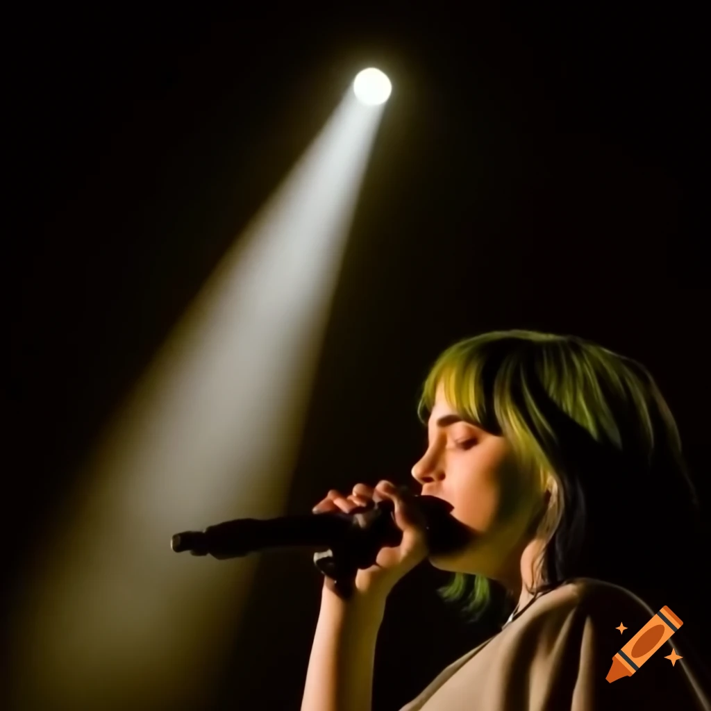 Billie Eilish performing on stage with dramatic lighting and closed eyes
