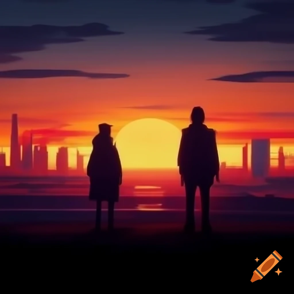 Silhouetted figures in deserted cityscape at sunset, emphasizing emotions
