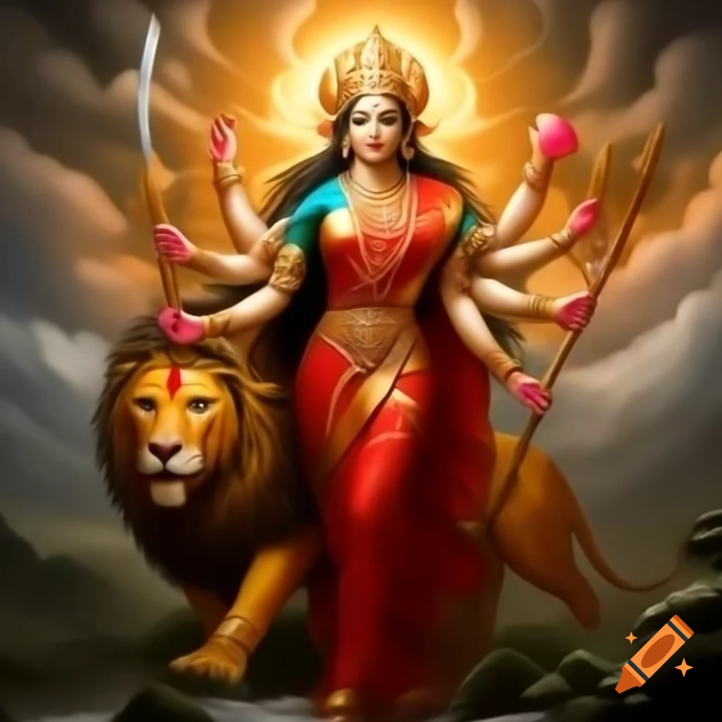 Goddess Maa Durga in red saree walking gracefully across vibrant landscape