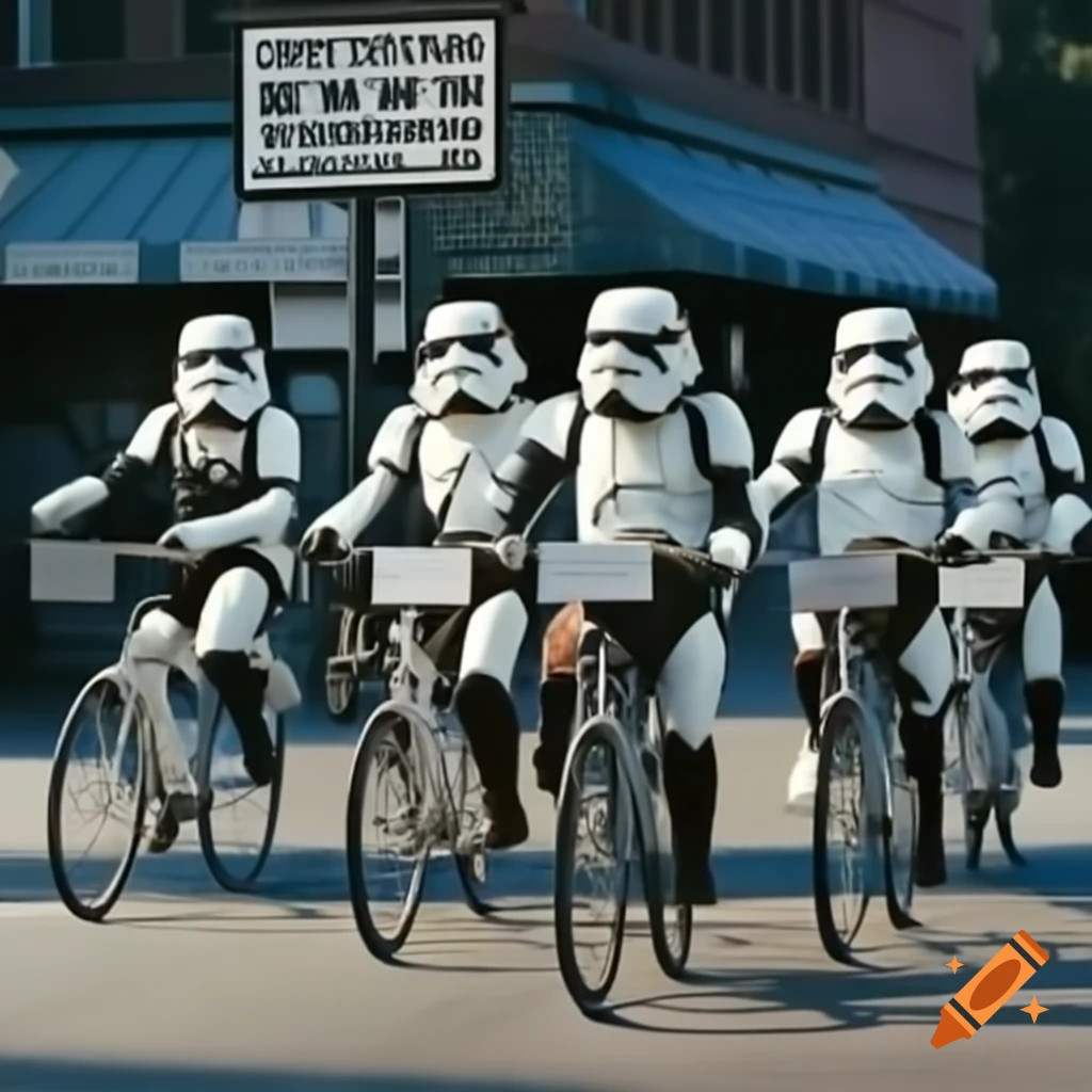Group of Stormtroopers on bicycles holding May the 4th sign on Craiyon