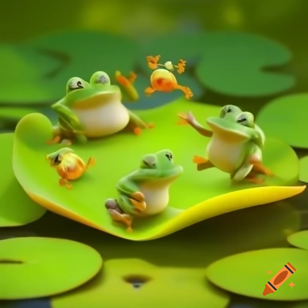 Group of frogs dancing on a lilypad