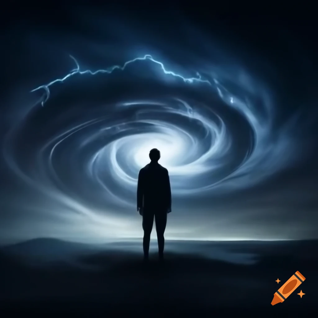 Split sky concept with starry night on left and storm on right with silhouette in center