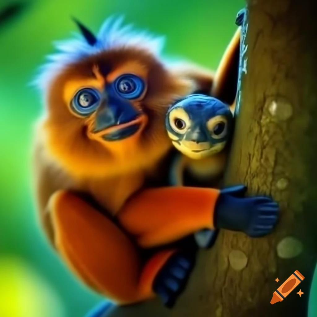 Monkey and turtle climbing down a tree together in vibrant colors