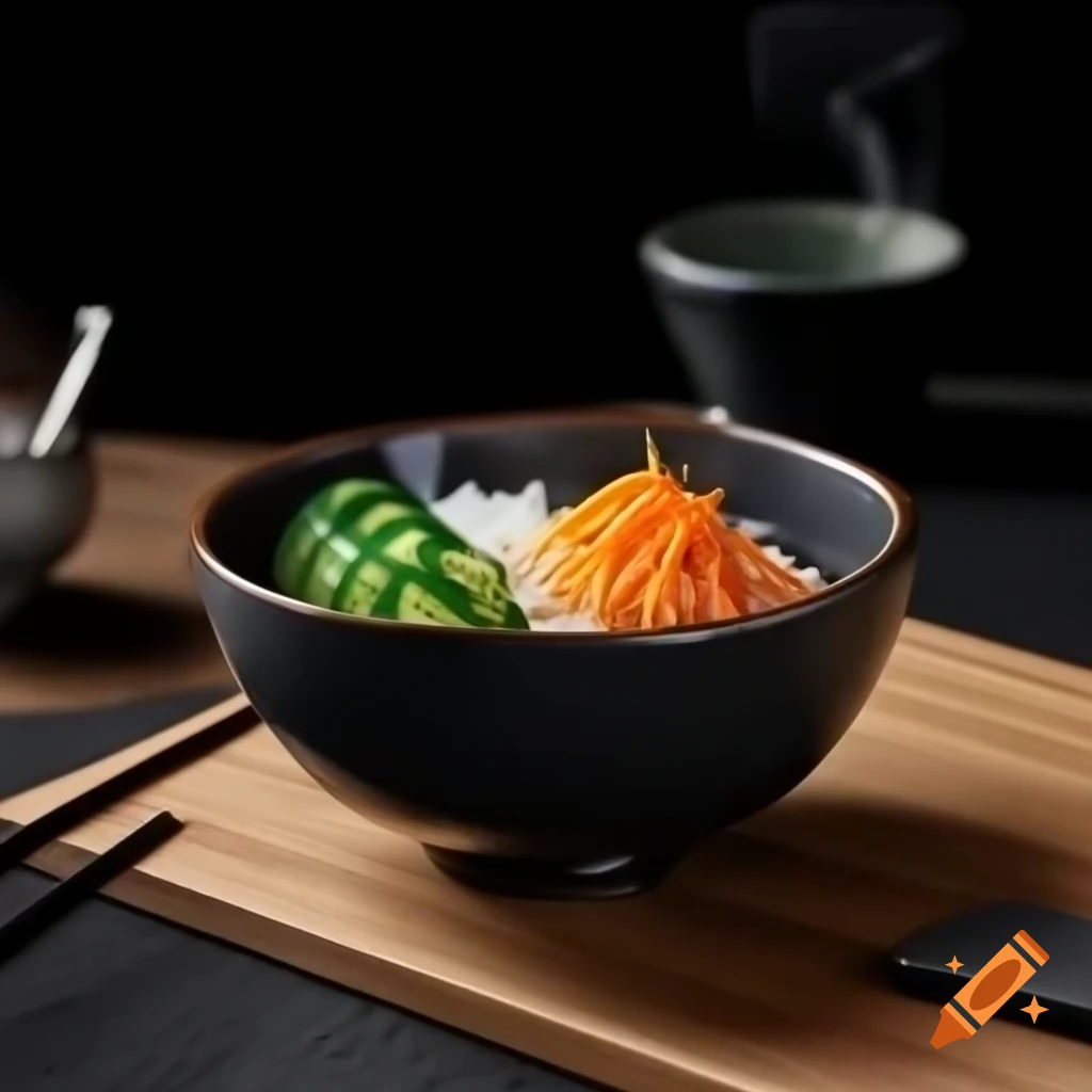Dark Japanese ceramic bowl with rice noodles, seared carrots, grilled zucchini, and purple cabbage petals