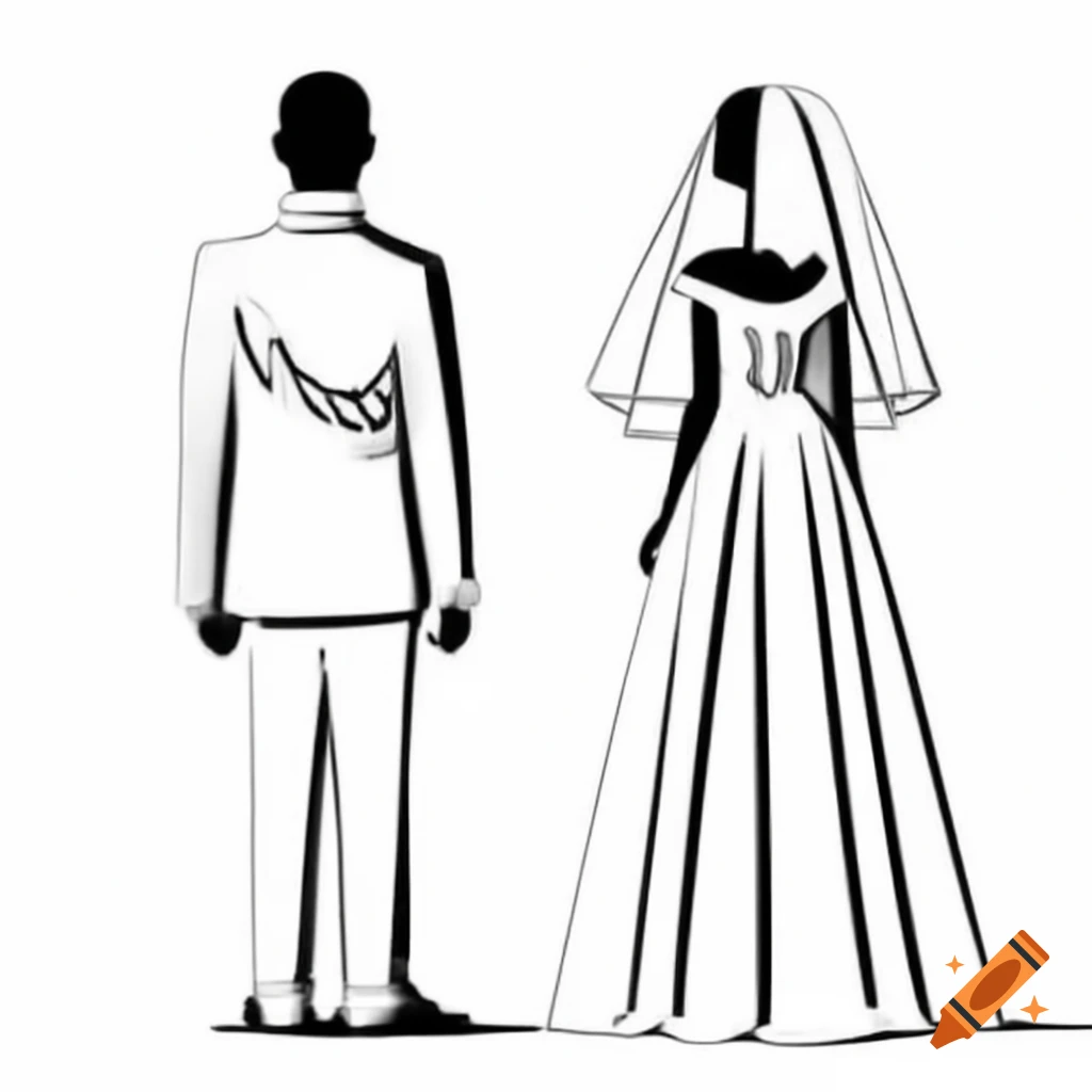 Outline drawing of African American bride and groom facing each other on  Craiyon, image size:1024x1024