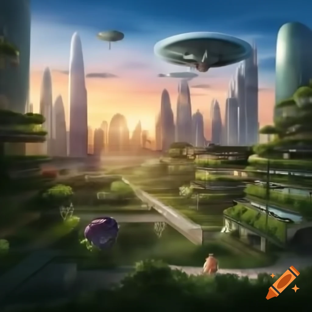Futuristic city at sunset with green buildings and child holding glowing AI orb