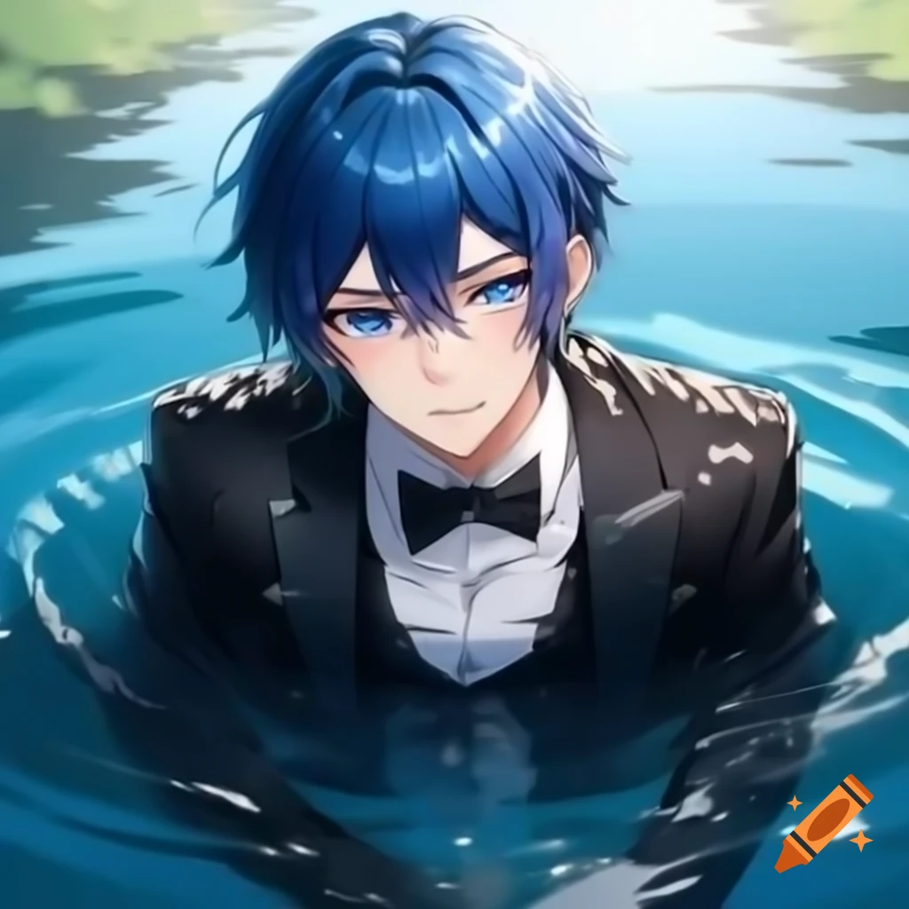 Anime boy with blue hair and eyes in wet black tuxedo lying on water on ...