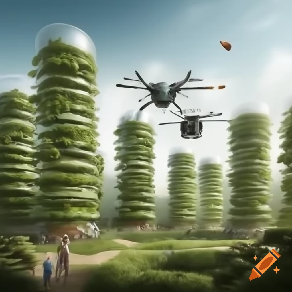 Futuristic eco-park with AI gardening drones and vertical farming towers