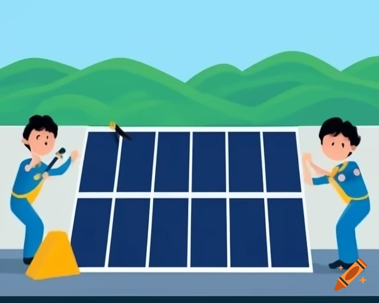 Handyman installing solar panel on roof from aerial view