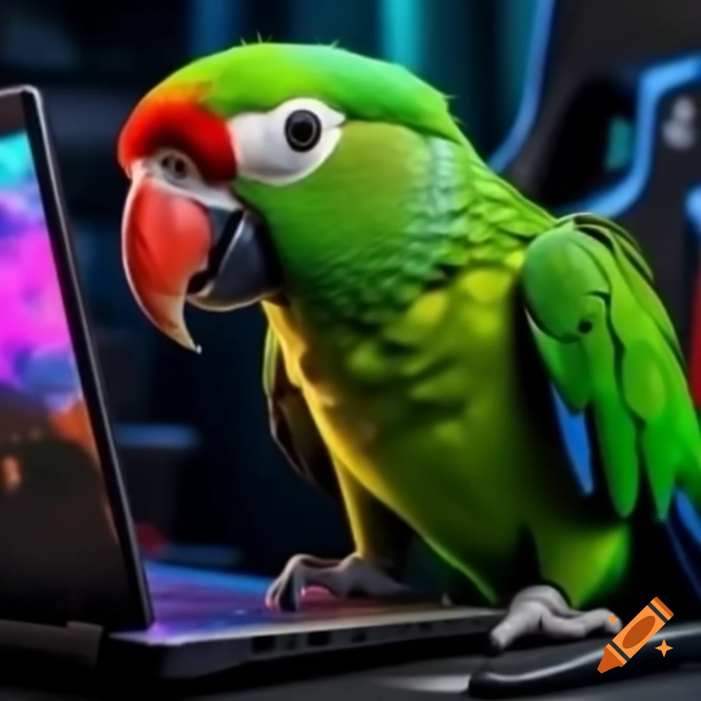 Parrot Using Computer Green parrot with red beak using laptop in gaming scene on Craiyon
