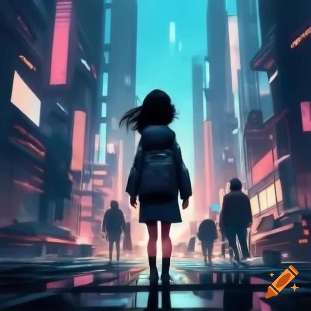 Girl walking in a futuristic cityscape