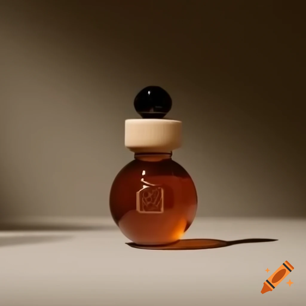 Perfume bottle with pyramid lid placed on marble ball