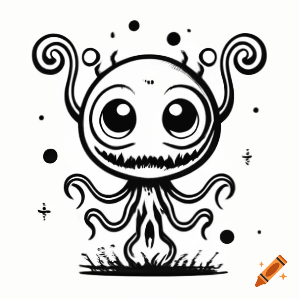 Cute black and white drawing of alien monster with tentacles in 2D flat coloring style