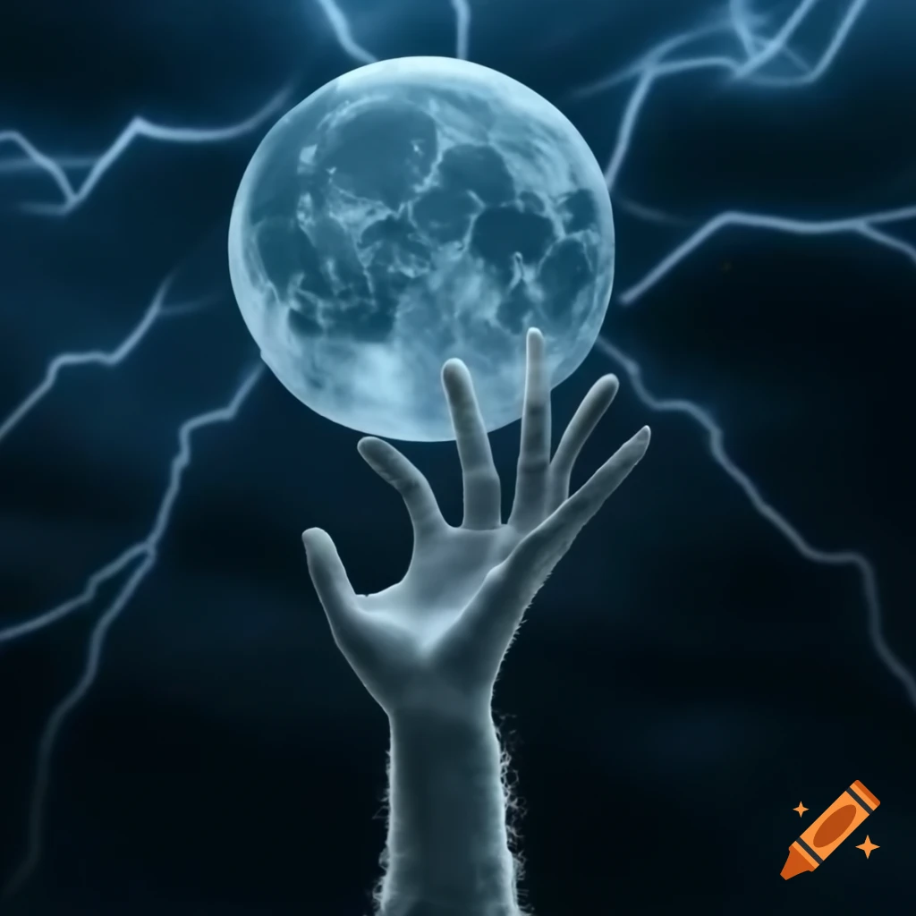 Microscopic hand gripping giant moon in lightning web