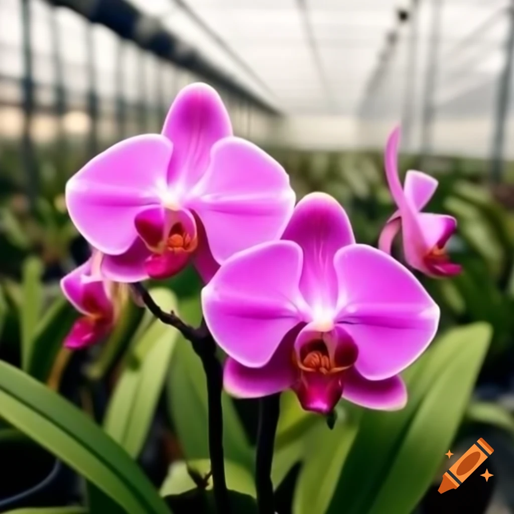 Close-up of blooming orchid plants in greenhouse with water droplets
