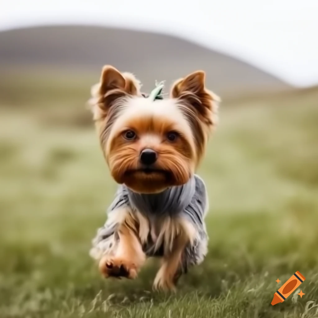 Teacup Yorkie with brown head and gray back walking in aisle on Craiyon