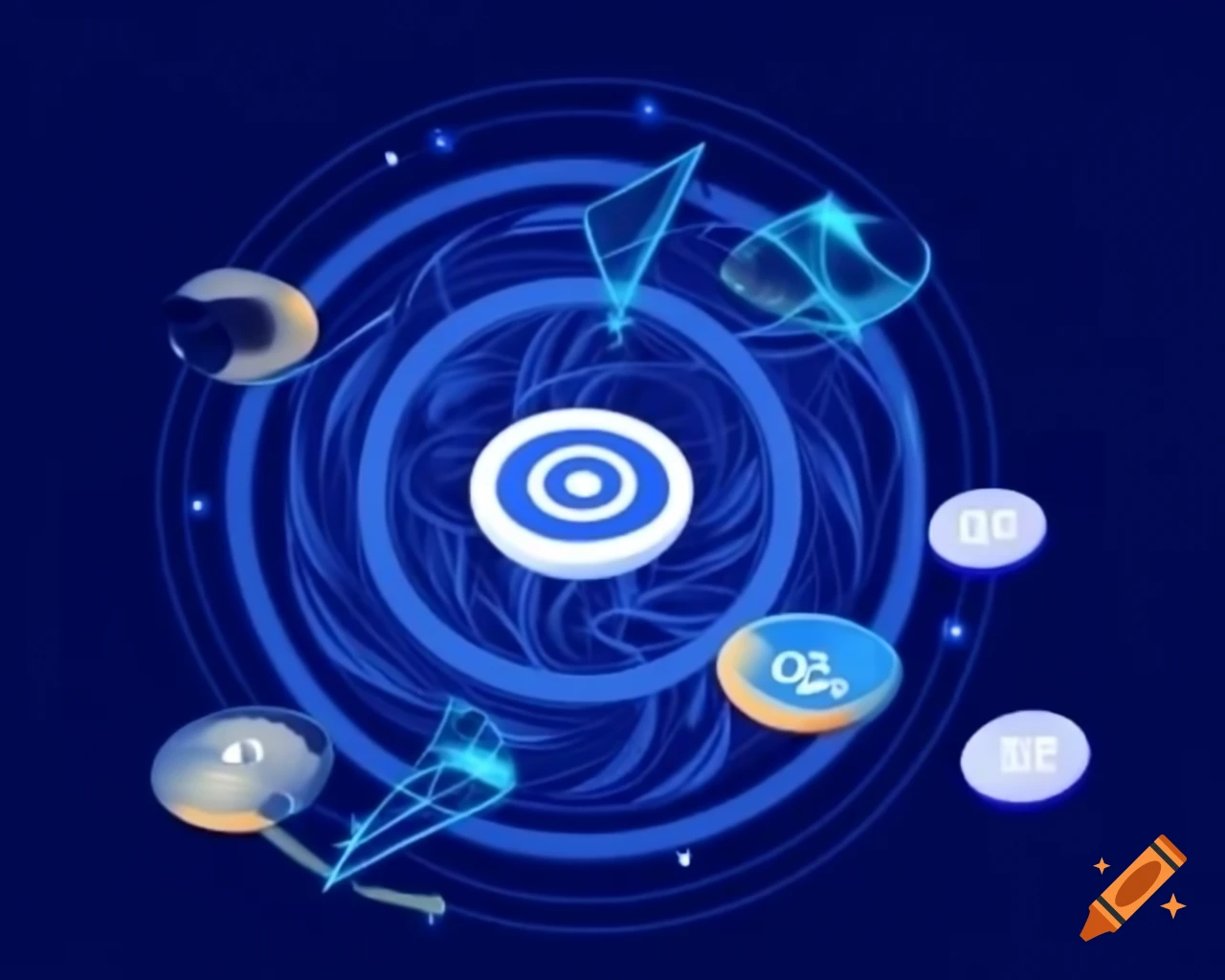 Digital illustration of Web3 coins with Marina logo swirling in a vortex