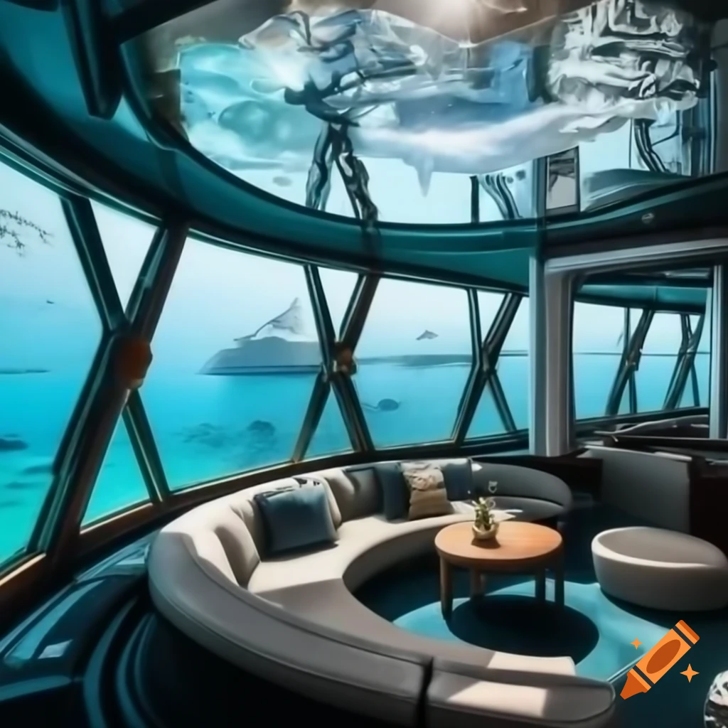 Cross-section of underwater cruise ship lounge showcasing marine life and architecture