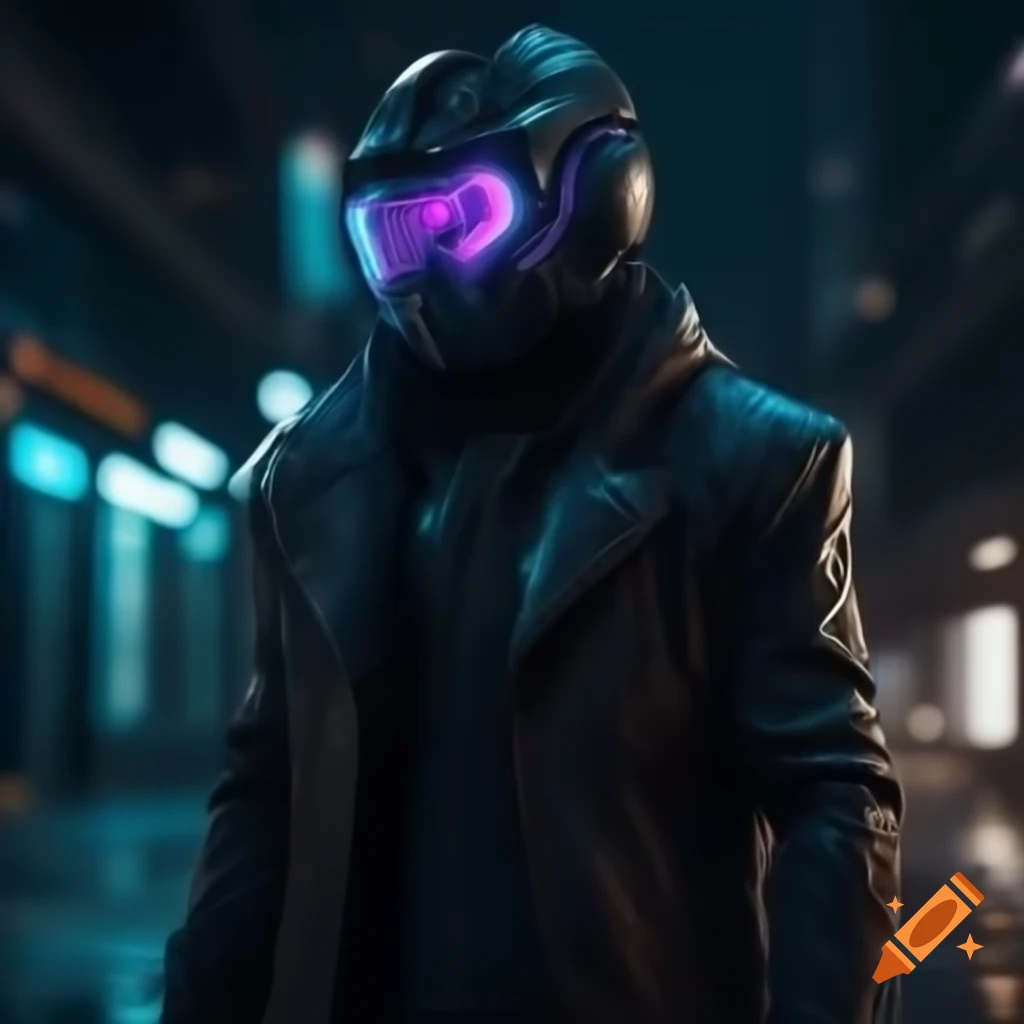 Man in cyberpunk attire with glowing visor in a deserted futuristic city square