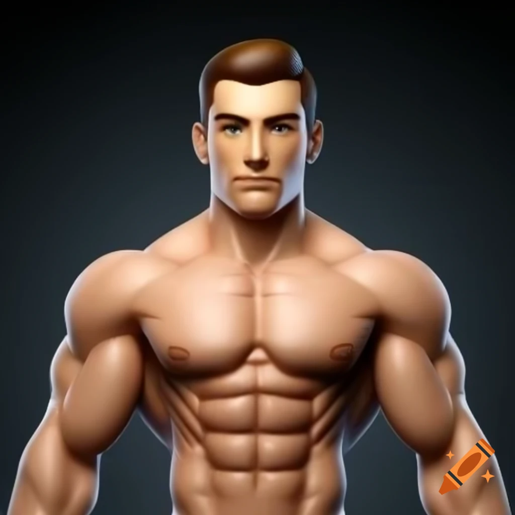 Strong male figure with defined abs in 3D emoji style