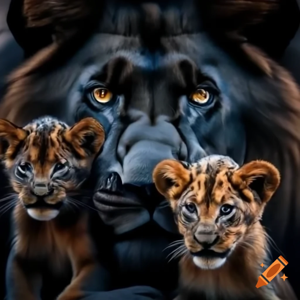 Black lion with bright eyes and two baby lions in front