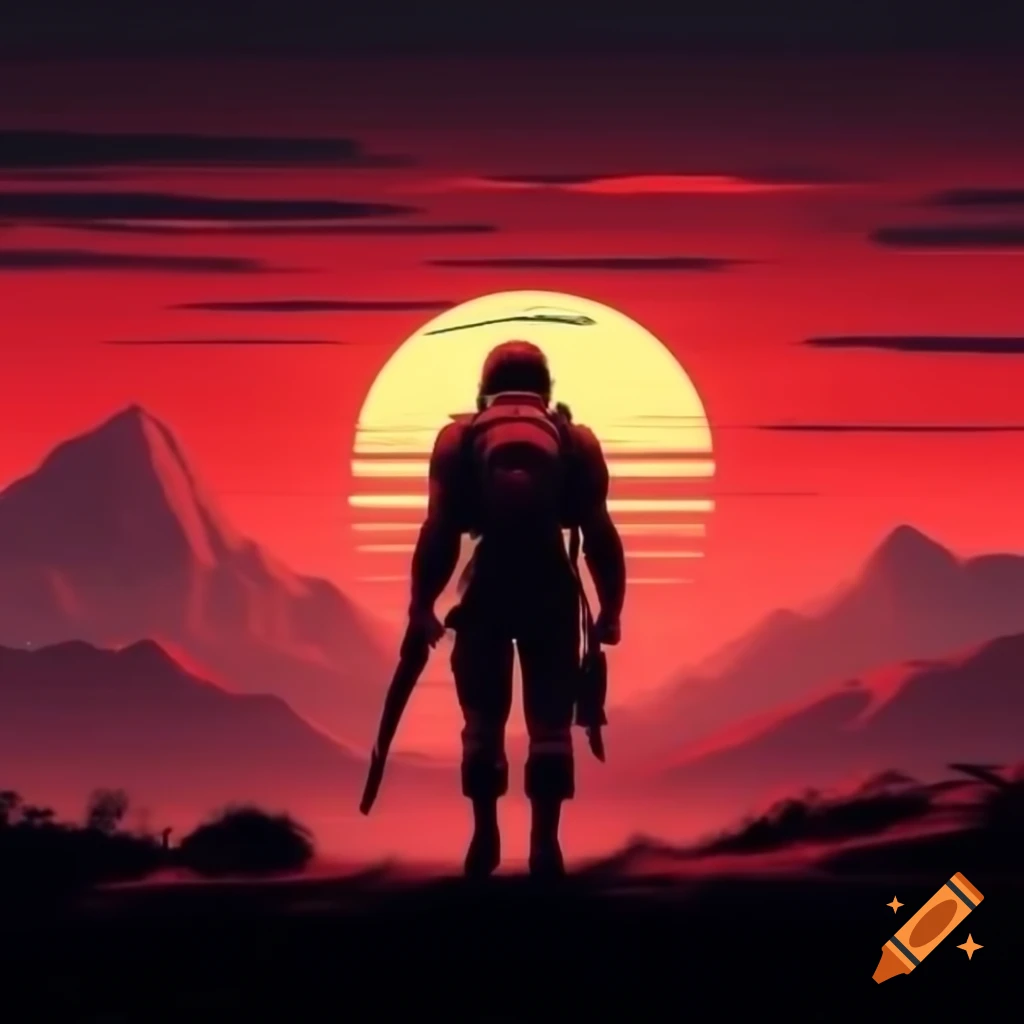 Futuristic red soldier silhouette against sunset mountains in cyberpunk style