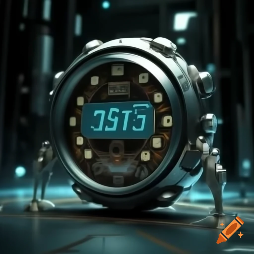 Futuristic mechanical analog clock designed for advanced cavemen in 2189