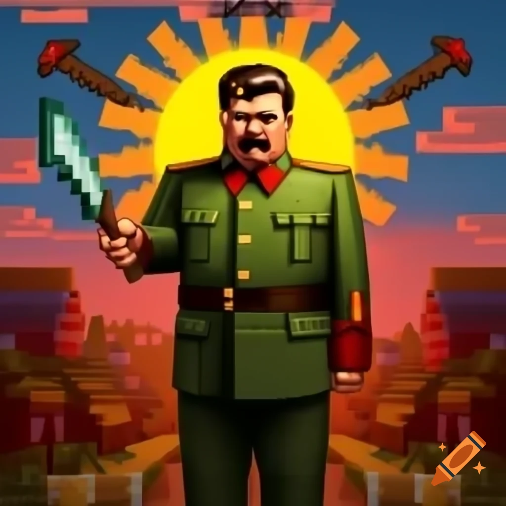 Minecraft-style propaganda poster featuring pixelated Stalin in ...
