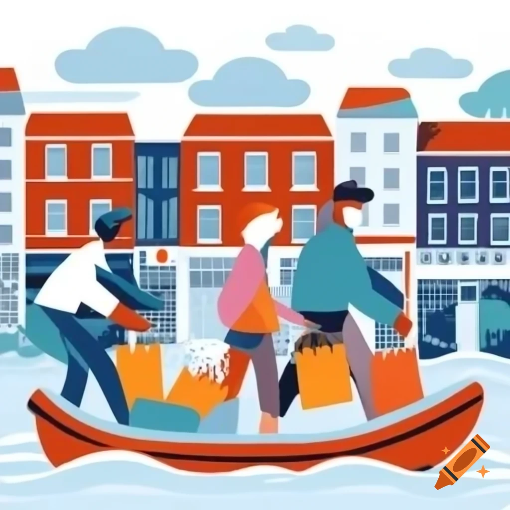 Group of people with shopping bags in lifeboat on flooded street