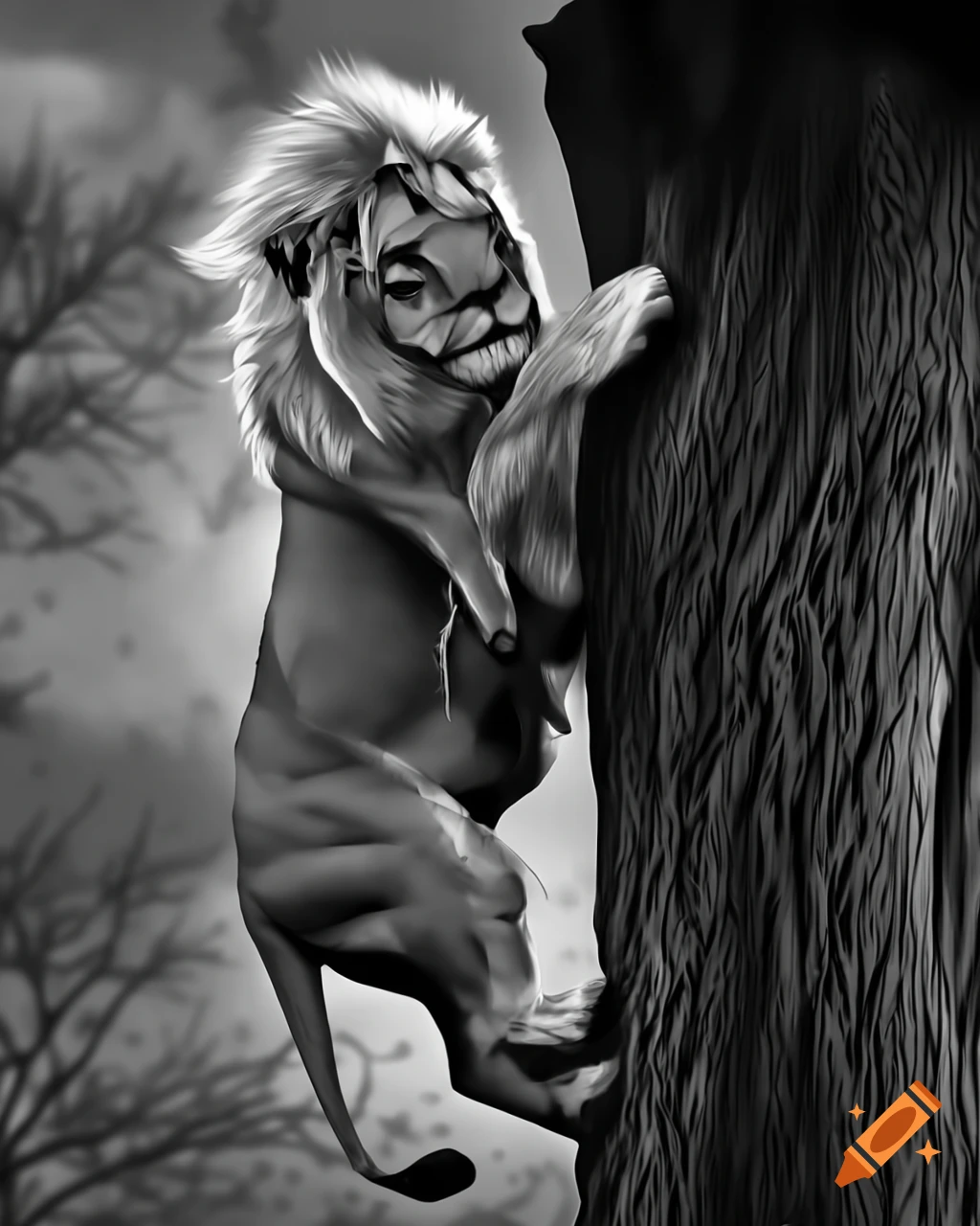 Black and white pen artwork of lion climbing a tree