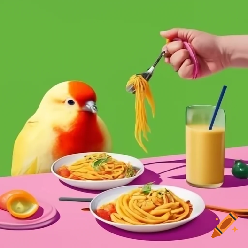 Bird enjoying spaghetti and smoothie