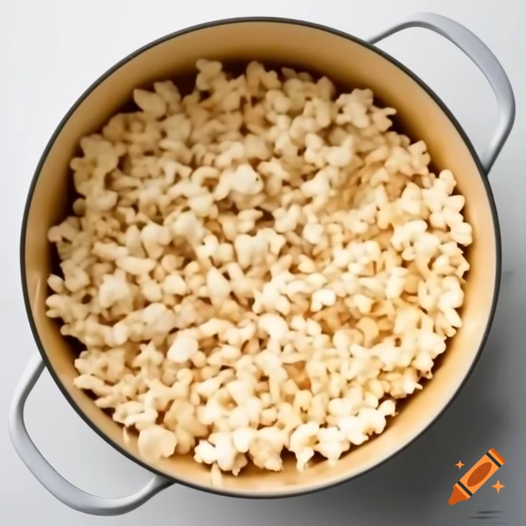 Popped popcorn in metal cooking pot on white background