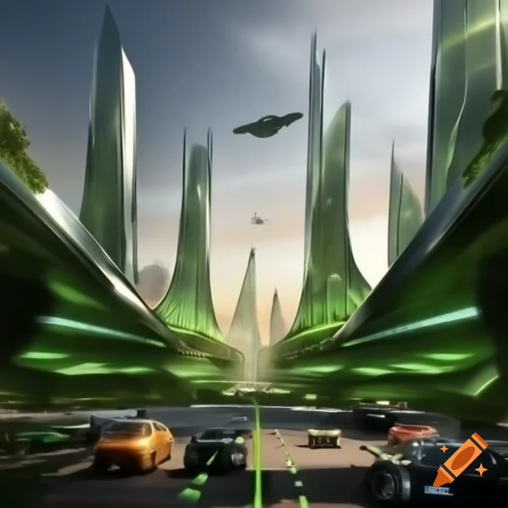 Futuristic city with green skyscrapers and flying cars at sunset on Craiyon