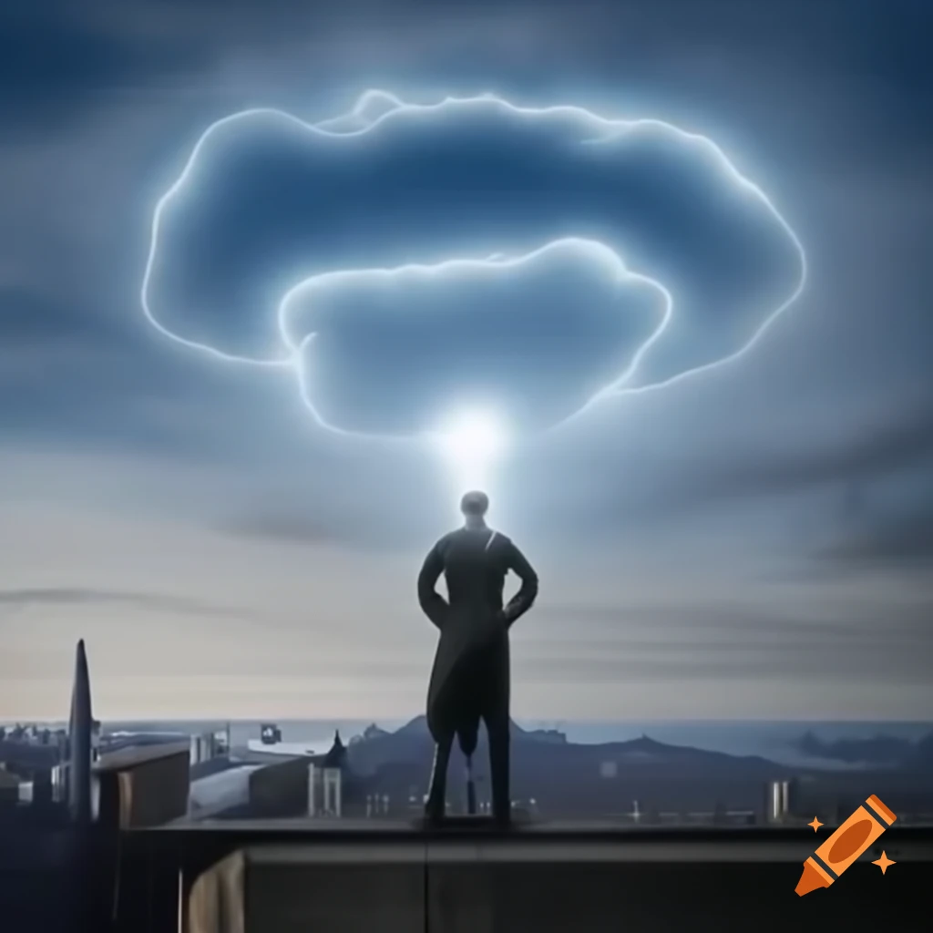 Superhero in flight over New York skyline, deep in thought