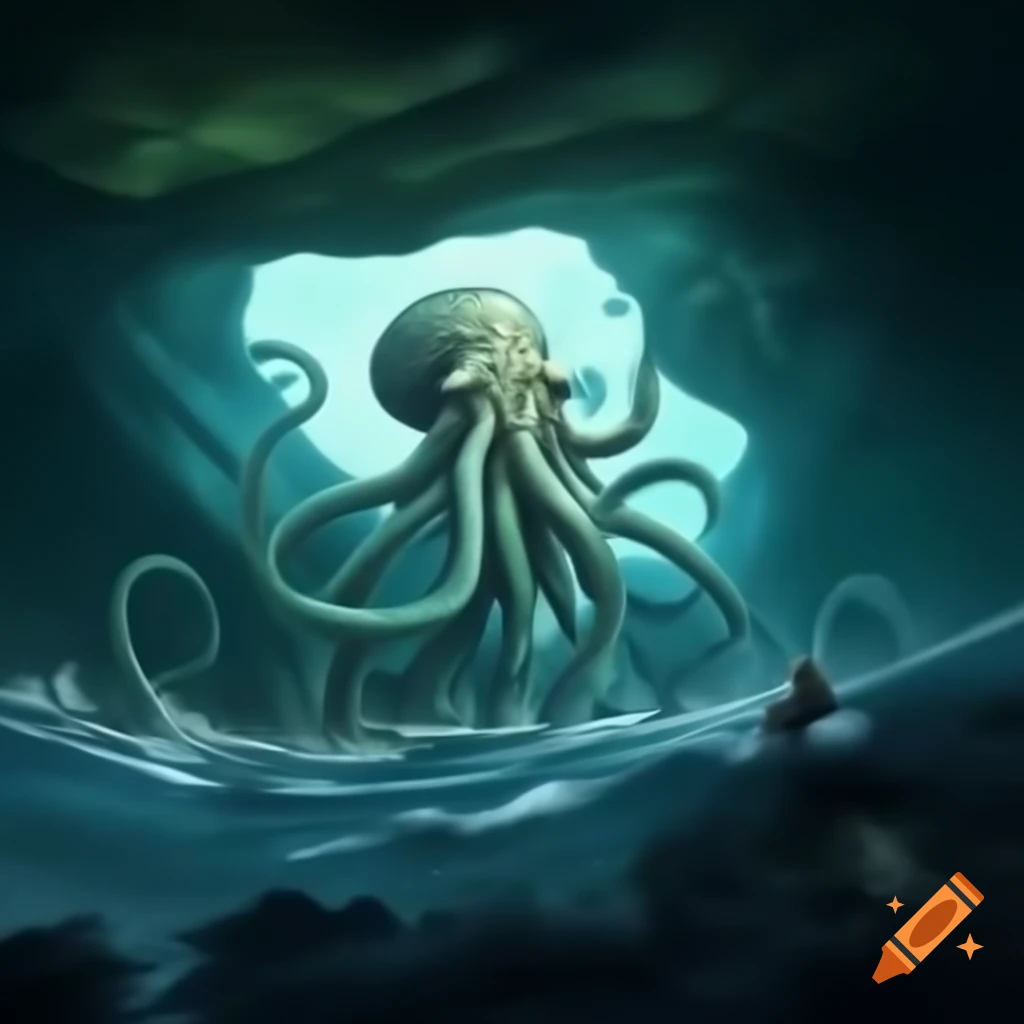 Giant kraken sleeping in cave, dreaming of flying in the sea