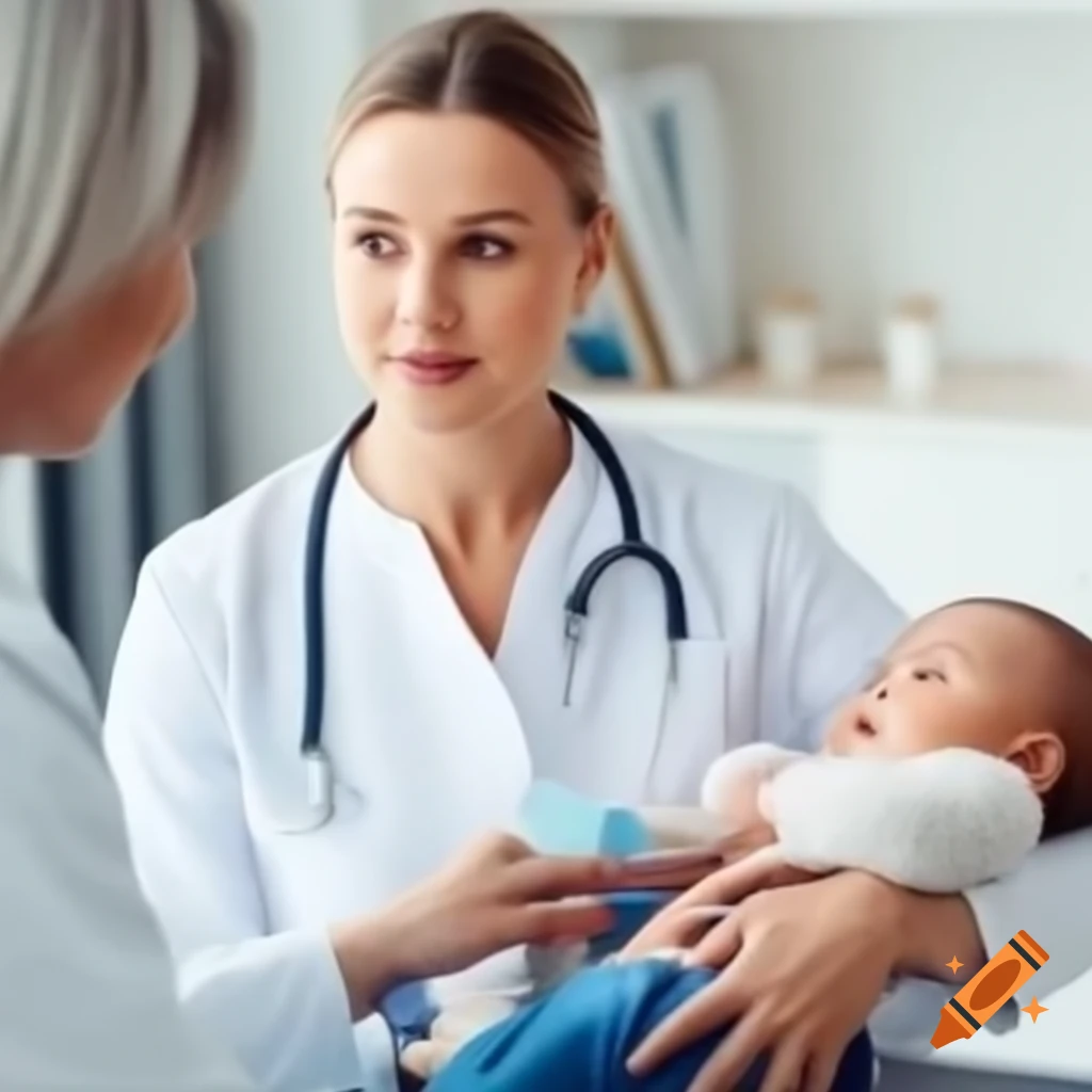 Doctor in white coat holding baby in office