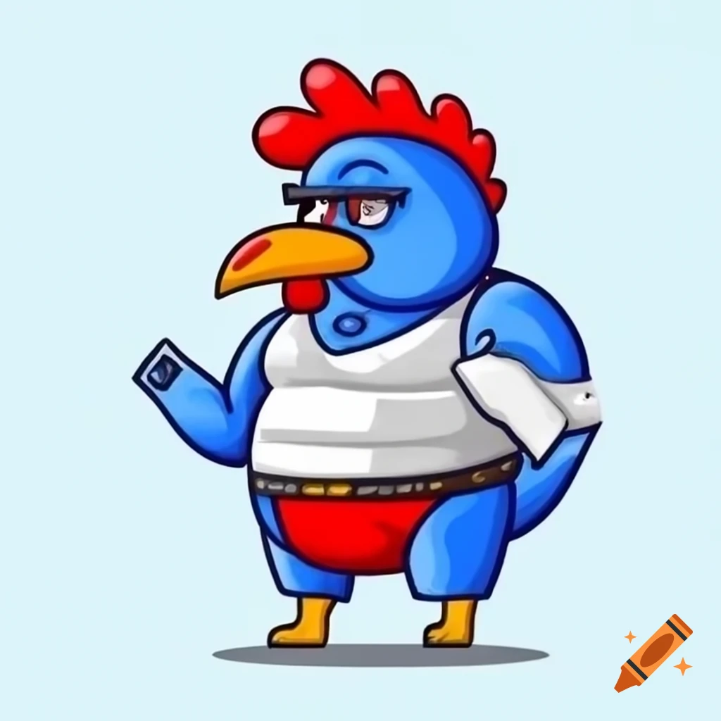 Human-like blue skinned hippo dressed as rooster, mascot design portrait